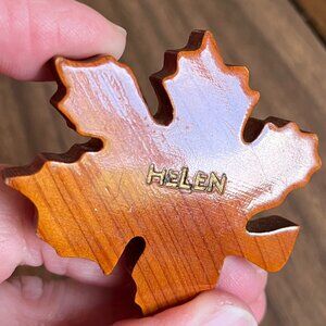 Vintage Retro Brown Wood Maple Lapel Pin Brooch Stamped HELEN